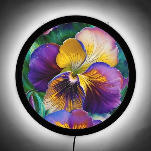 purple and gold pansy blue green background LED sign