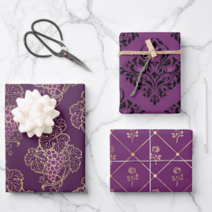 Purple and Gold Paris themed Wrapping Paper Sheets