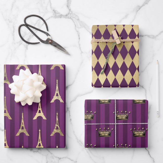 Purple and Gold Paris themed Wrapping Paper Sheets (Front)