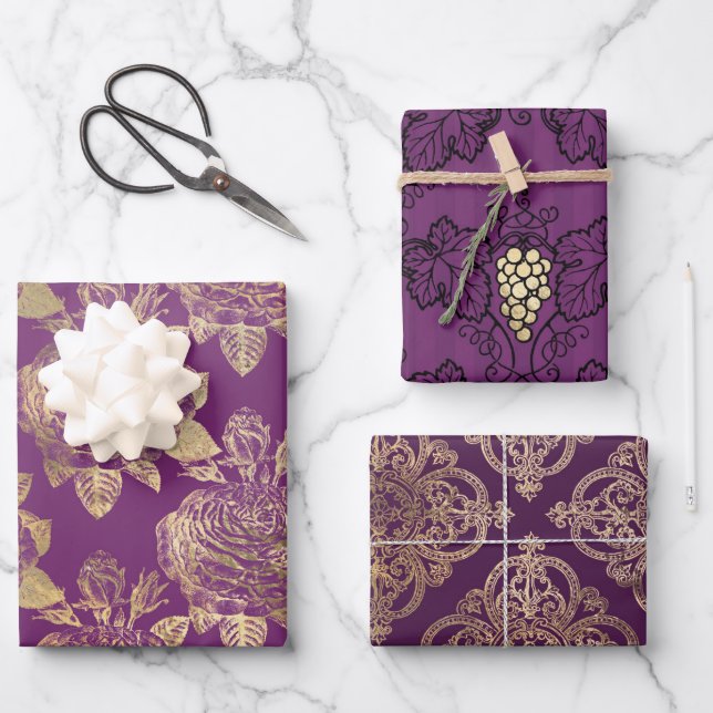 Purple and Gold Paris themed Wrapping Paper Sheets (Front)