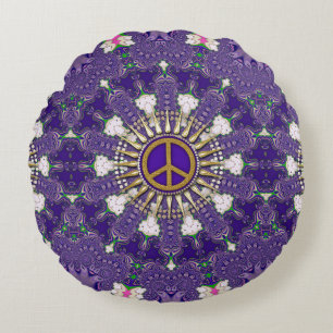 Purple and Gold Peace Sign Mandala Round Pillow