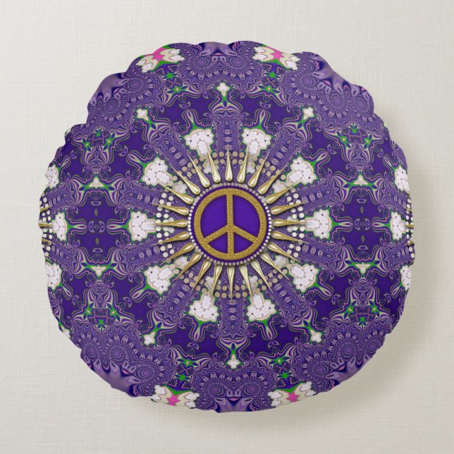Purple and Gold Peace Sign Mandala Round Pillow (Front)