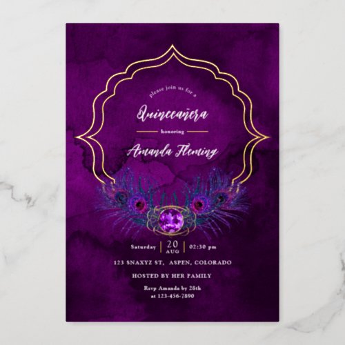 Purple and Gold Peacock Floral Quinceaera Foil Invitation