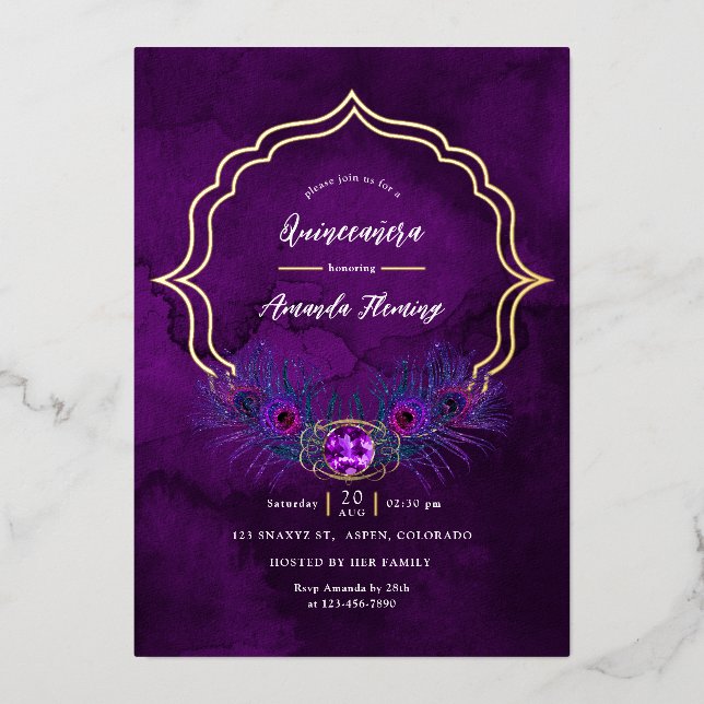 Purple and Gold Peacock Floral Quinceañera Foil Invitation (Front)