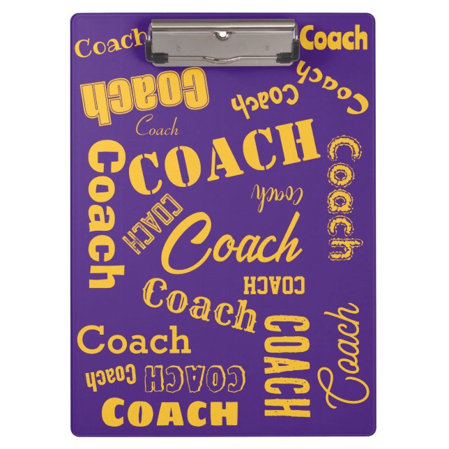 Purple and Gold Personalized Coach Gift Name Art Clipboard (Front)