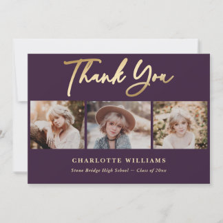 Purple and Gold Photo Collage Graduation Thank You Card