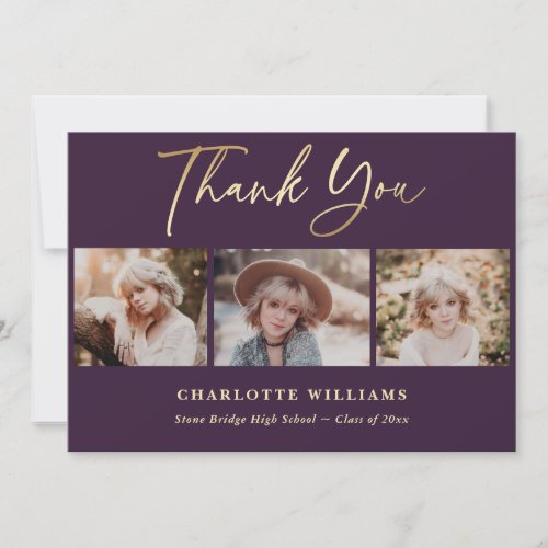 Purple and Gold Photo Collage Graduation Thank You Card