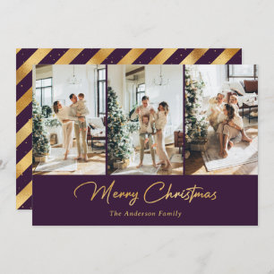 Purple and Gold Photo Collage Merry Christmas Holiday Card