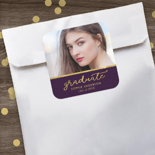 Purple and Gold Photo Graduate Graduation Square Sticker