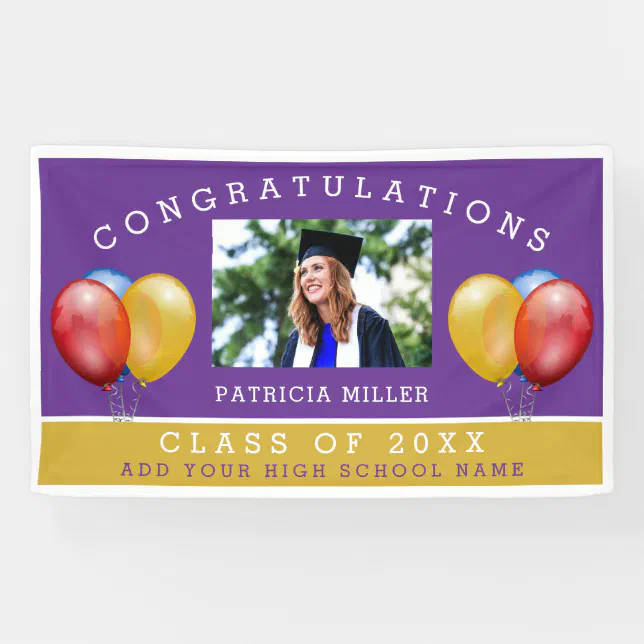 Purple And Gold Photo Graduation Congratulations Banner | Zazzle