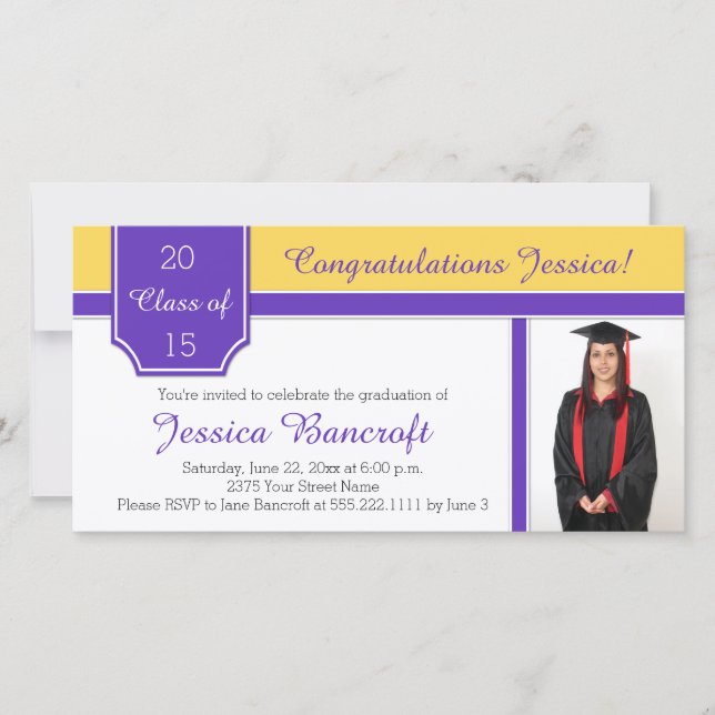 Purple and Gold Photo Graduation Invitation (Front)