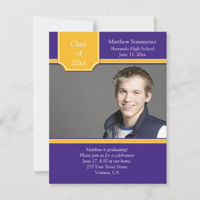 Purple and Gold Photo Graduation Invitation (Front)