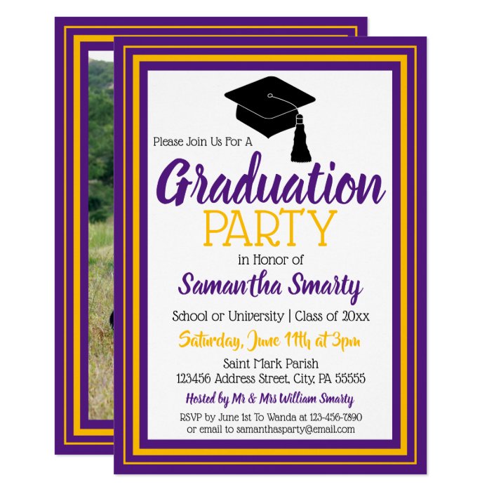 Purple and Gold Photo Graduation Party Invitation