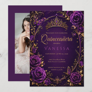Purple and Gold Photo Quinceanera Invitation