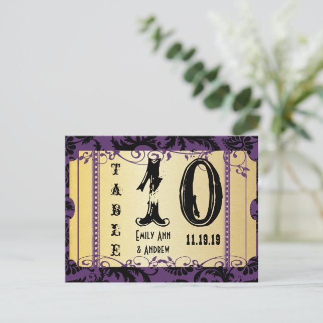 Purple and Gold Playbill Swirl Damask Table Number (Standing Front)
