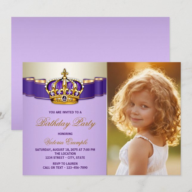 Purple and Gold Princess Birthday Party Invitation (Front/Back)