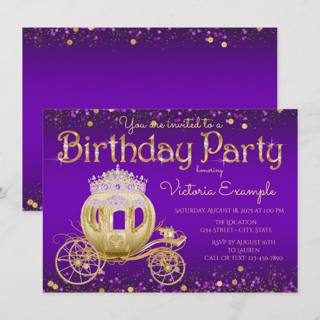 Purple and Gold Princess Birthday Party Invitation (Front/Back)
