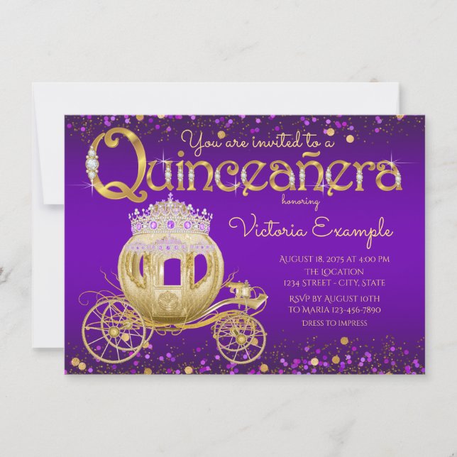 Purple and Gold Princess Quinceanera Invitation (Front)