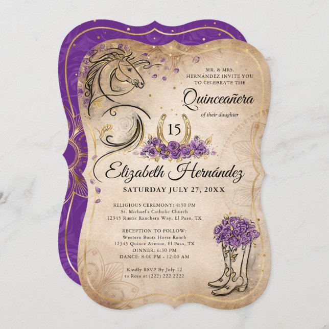 Purple and Gold Quinceañera Rustic Horse Birthday Invitation (Front/Back)