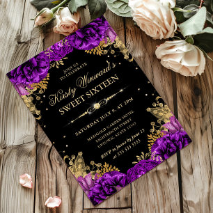 Purple and Gold Roses Floral Sweet Sixteen Invitation