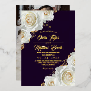 Purple and Gold Roses Floral Wedding Foil Invitation