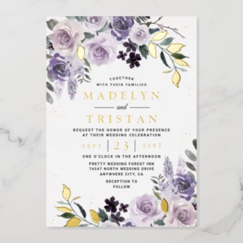 Purple And Gold Rustic Dusty Rose Floral Wedding  Foil Invitation by RusticWeddings at Zazzle
