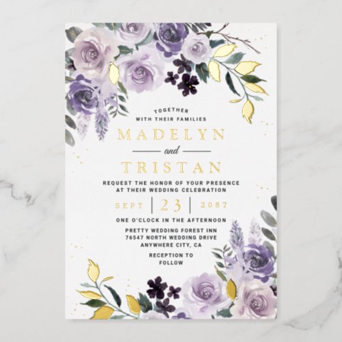 Purple and Gold Rustic Dusty Rose Floral Wedding  Foil Invitation