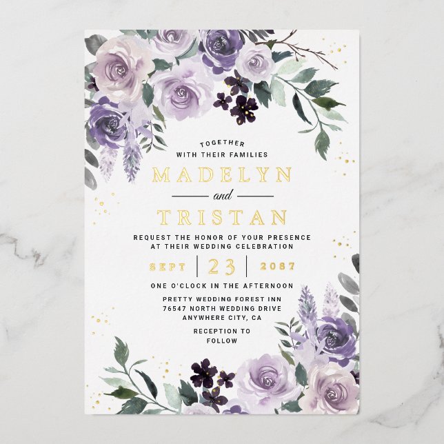 Purple and Gold Rustic Dusty Rose Floral Wedding  Foil Invitation (Front)