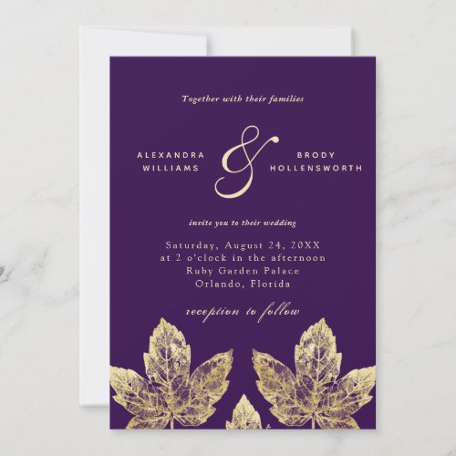 Purple and Gold Rustic Gold Foil Leaves Wedding  Invitation