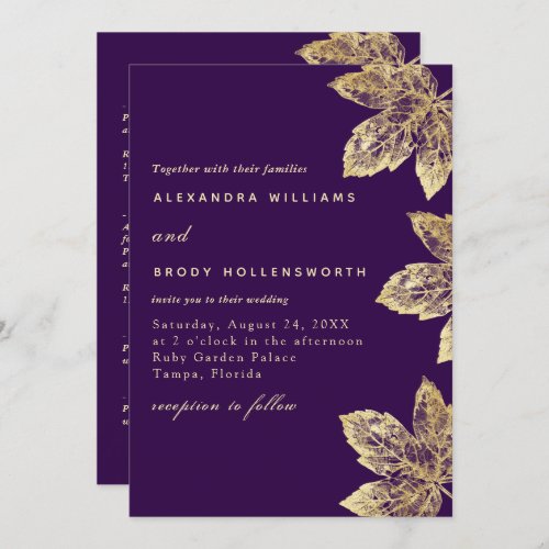 Purple And Gold Rustic Leaf All In One Wedding Invitation