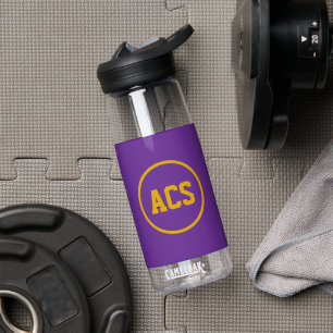 Purple and Gold School Colors and Letters Water Bottle