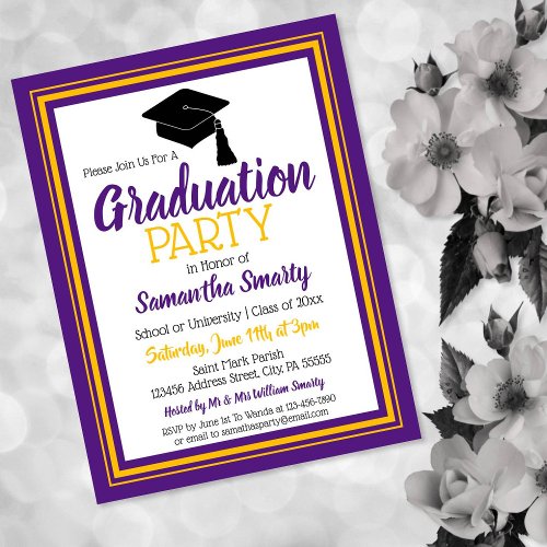 Purple and Gold School Colors Grad Party Invitation Postcard