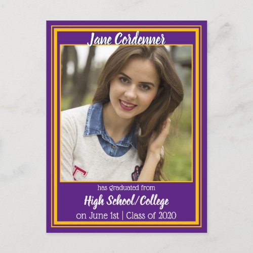 Purple and Gold School Colors Photo Graduation Announcement Postcard