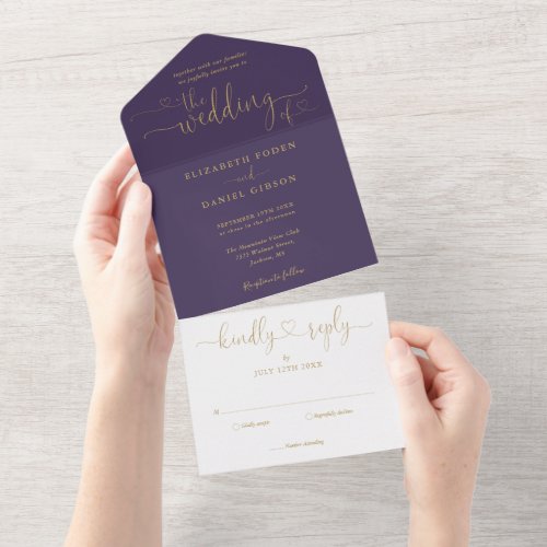 Purple And Gold Script Hearts Minimalist Wedding All In One Invitation