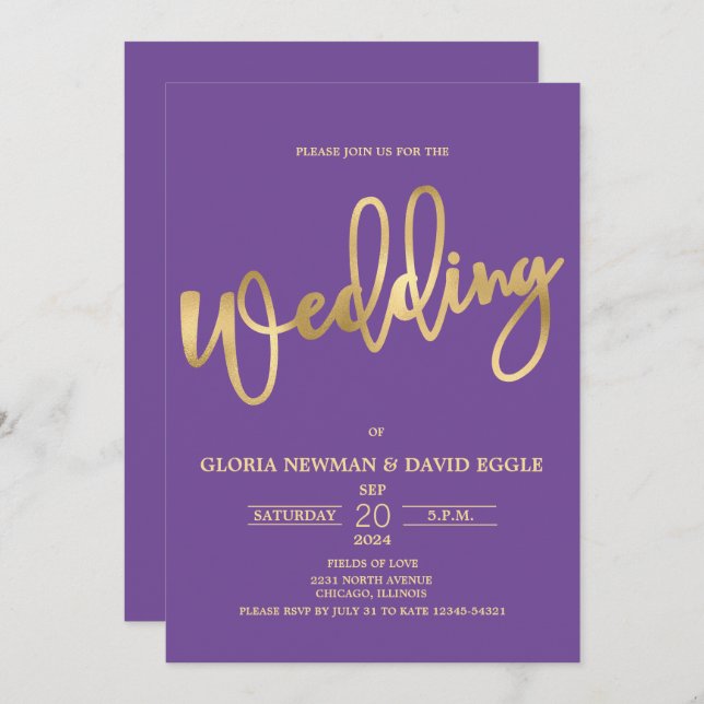 Purple and Gold Scripture QR Code Wedding  Invitation (Front/Back)