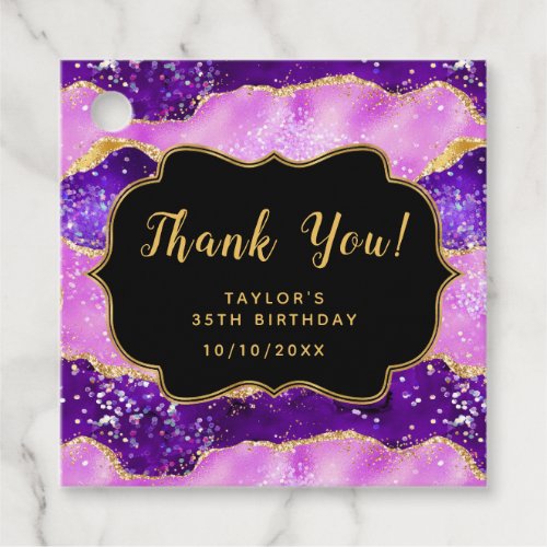 Purple and Gold Sequins Agate Birthday Thank You Favor Tags