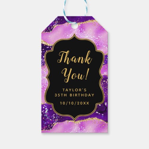 Purple and Gold Sequins Agate Birthday Thank You Gift Tags