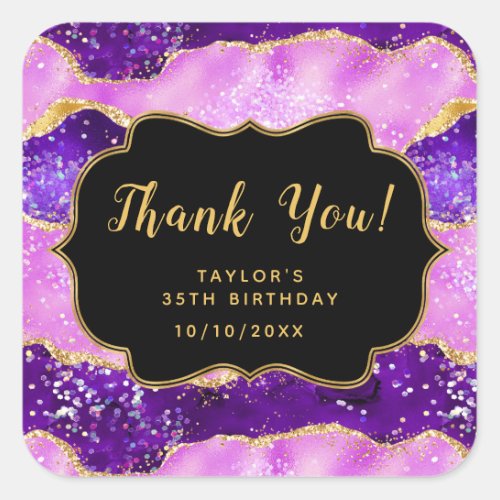 Purple and Gold Sequins Agate Birthday Thank You Square Sticker