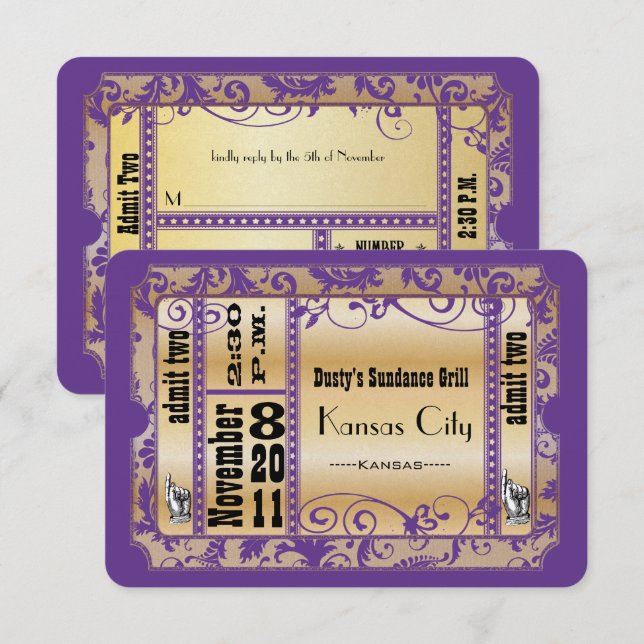 Purple and Gold Showbill Wedding Response Cards (Front/Back)