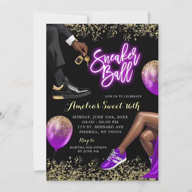 Purple and Gold Sneaker Ball Sweet 16 Birthday Invitation (Front)