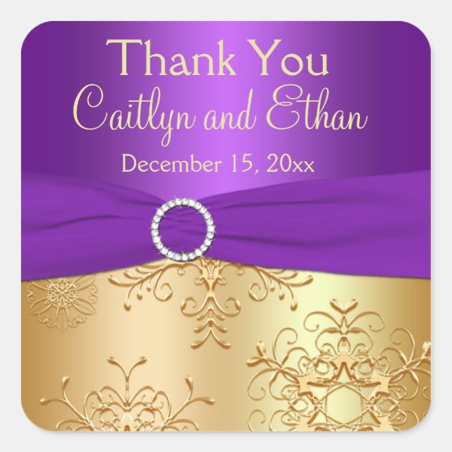 Purple and Gold Snowflakes Wedding Favor Sticker (Front)