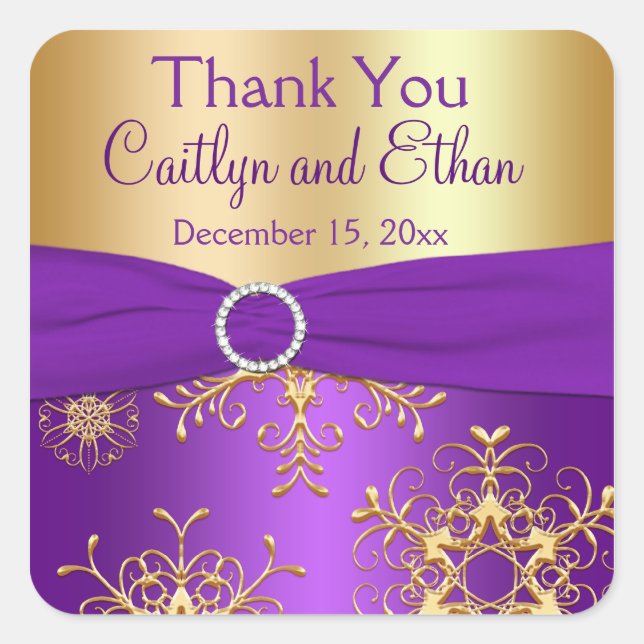 Purple and Gold Snowflakes Wedding Favor Sticker (Front)