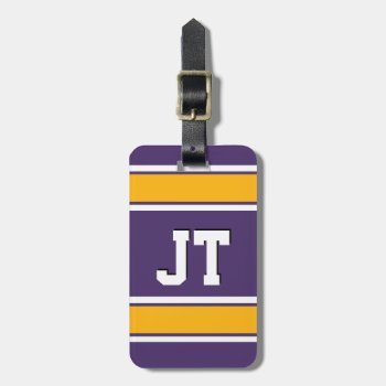 Purple And Gold Sports Stripes Monogram Luggage Tag by FalconsEye at Zazzle