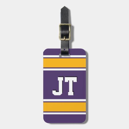 Purple And Gold Sports Stripes Monogram Luggage Tag