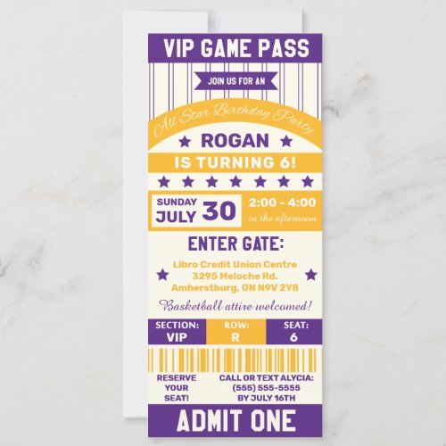 Purple and Gold Sports Team Ticket Birthday Party Invitation