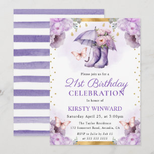 Purple and Gold Spring Umbrella 21st Birthday Invitation