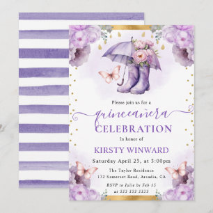 Purple and Gold Spring Umbrella Quinceanera Invitation