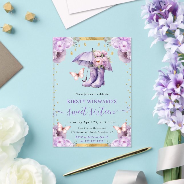 Purple and Gold Spring Umbrella Sweet 16 Acrylic Invitations (Insitu (Wedding))