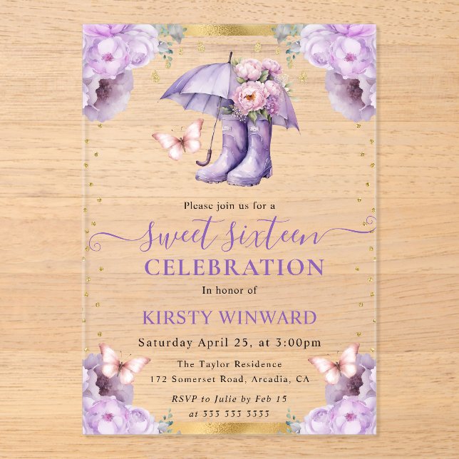 Purple and Gold Spring Umbrella Sweet 16 Acrylic Invitations (Front)