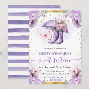 Purple and Gold Spring Umbrella Sweet 16 Invitation